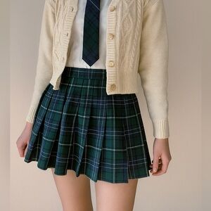 Forever 21 Green Navy Tartan Plaid Pleated Mini Skirt Preppy Academia Style Sz S